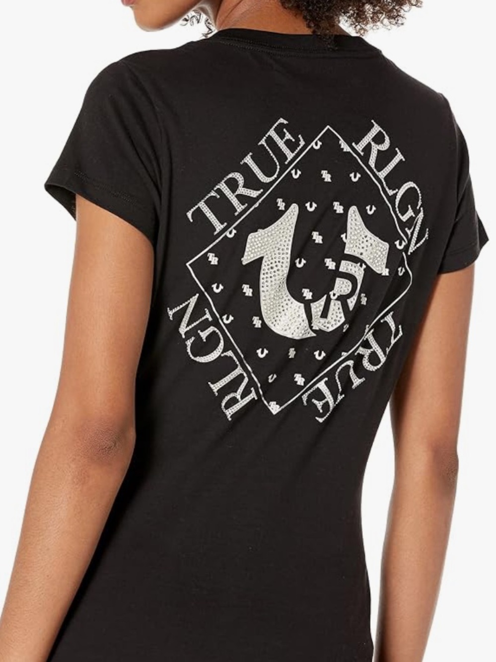 True Religion Black V-Neck Tee with Silver Crystal Foil Logo Preowned *desc